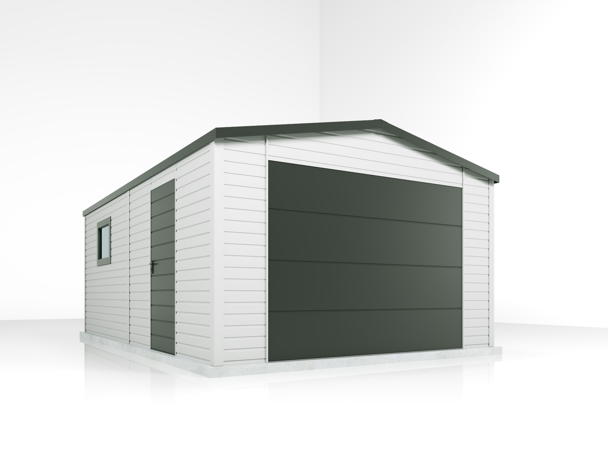 Weiße Fertiggarage 4×6 m mit schwarzem Sektionaltor